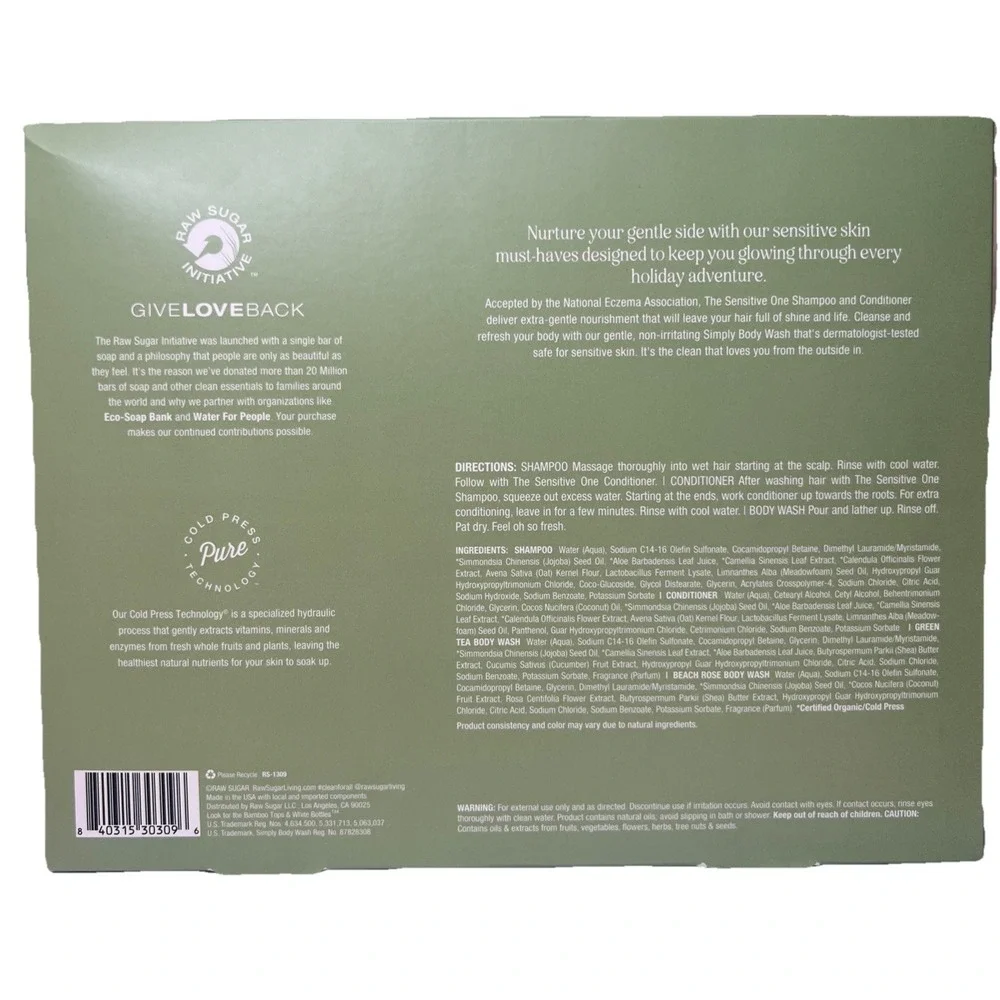 Raw‎ Sugar Sensitive Skin Essentials Gift Set Shampoo Conditioner Body Wash NIB